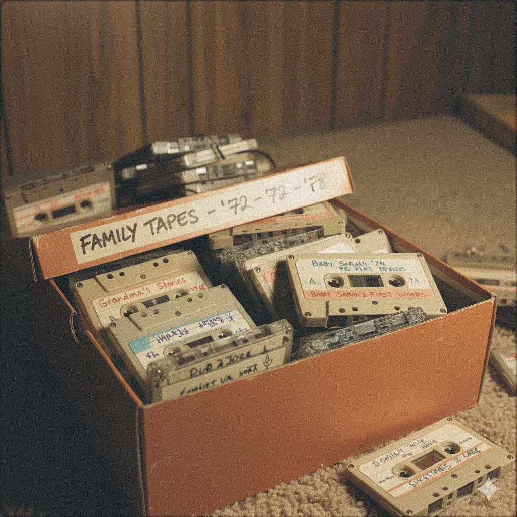 A collection of old audio cassettes. handrwiting is on the labels implying they are personal recordings.