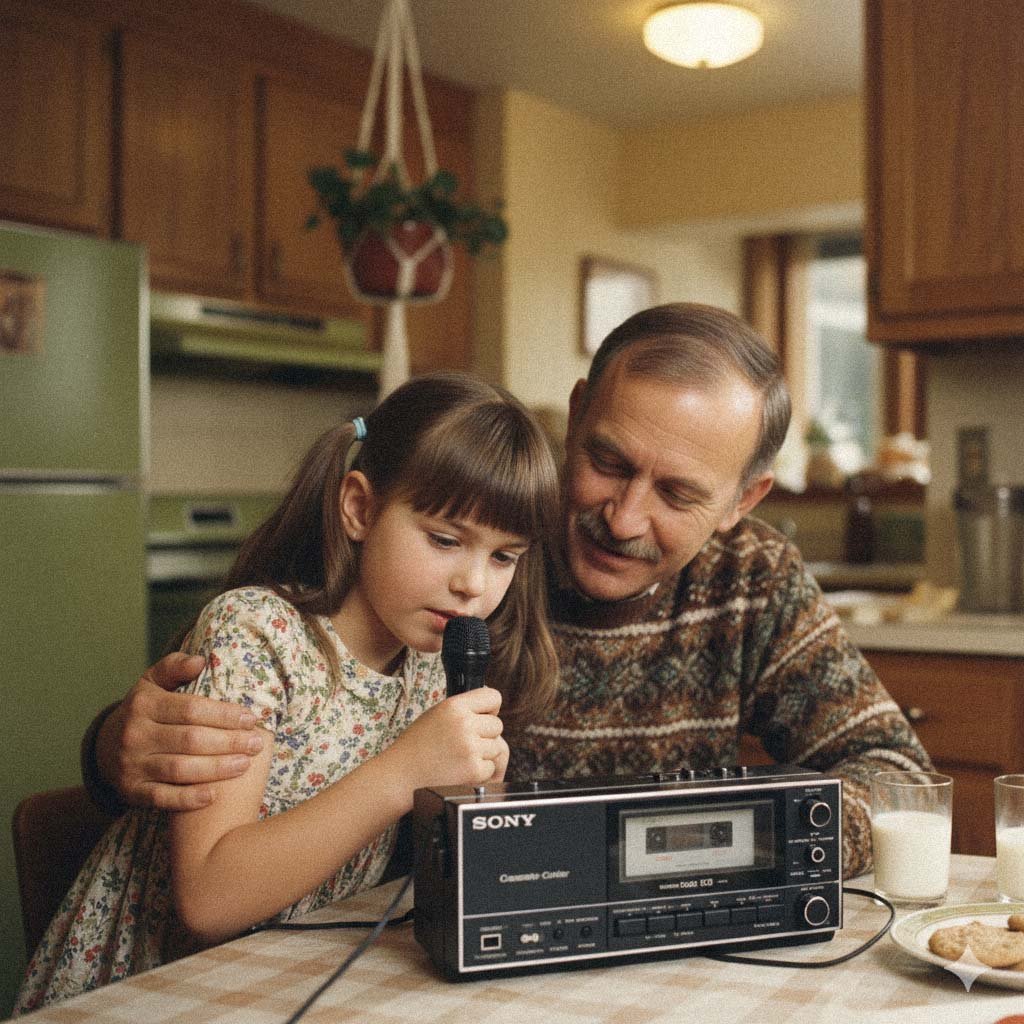 Grandfather sits at the table showing his granddaughter the audio cassette recorder. she is speaking into the microphone.