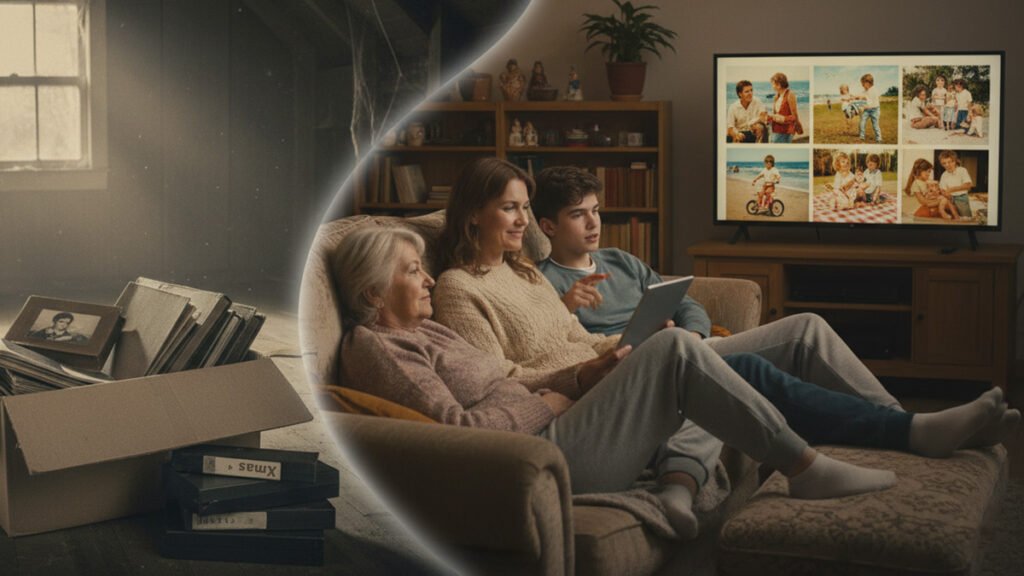 A before-and-after image contrasting old media with digital restoration. On the left, a box of dusty photo albums and VHS tapes sits in an attic. On the right, a grandmother, mother, and son enjoy those same vintage photos, now restored and glowing on a TV and iPad in their cozy living room.